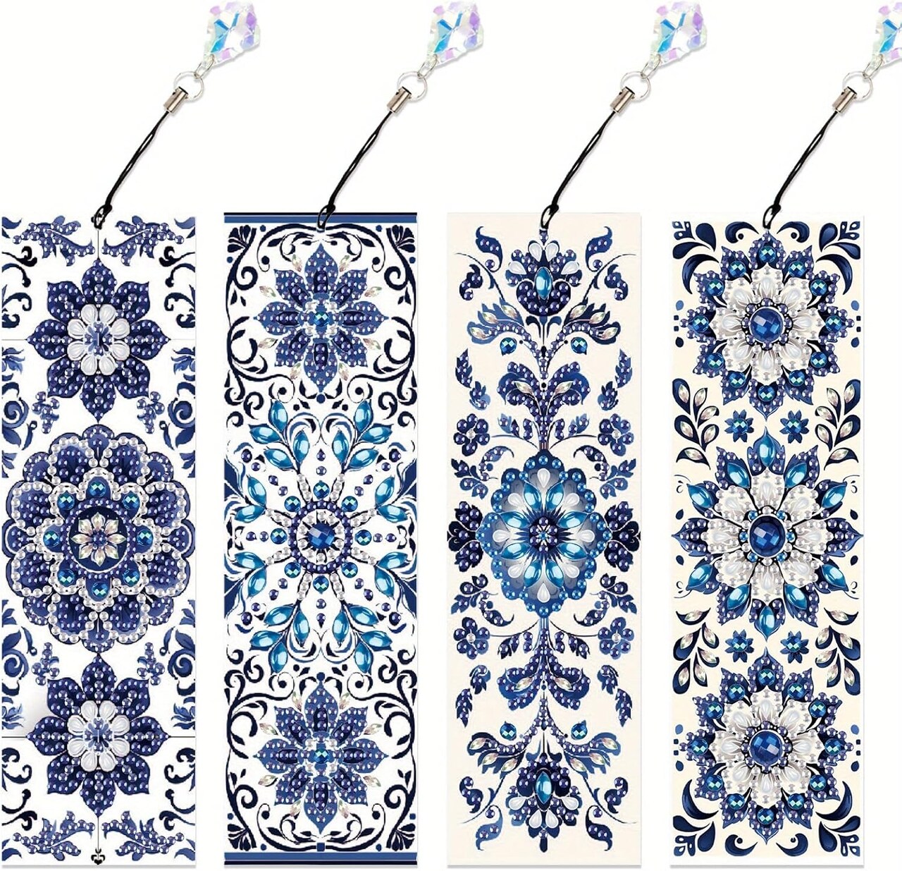 4PCS Blue & White Porcelain Diamond Art Bookmarks – DIY Crystal Water Diamond Bookmarks with Pendant, Perfect Gift for Reading Enthusiasts, Office, School, and Birthday DIY Crafts